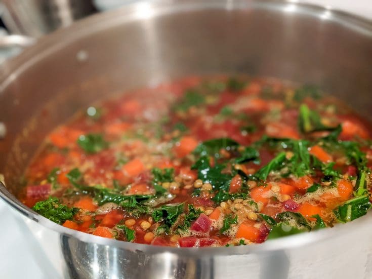 Soupe repas aux lentilles, betterave et kale